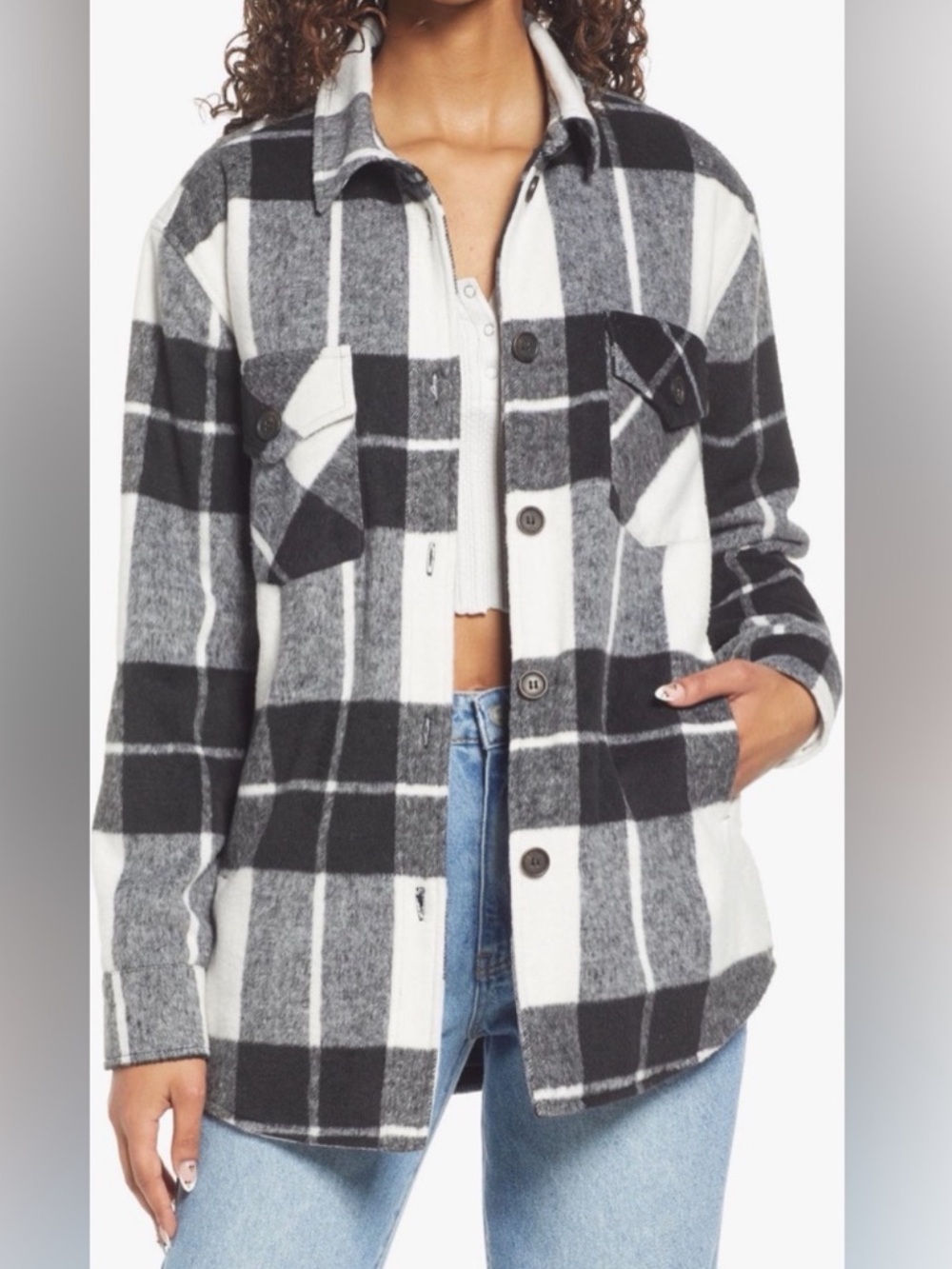 Thread & Supply Plaid Shacket Jacket Large Black White Lined Flannel Coat